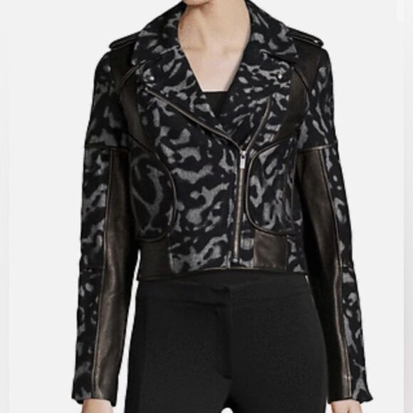 Diane Von Furstenberg Jackets & Blazers - DVF Jacket Leather Moto Animal Print Black Size 2